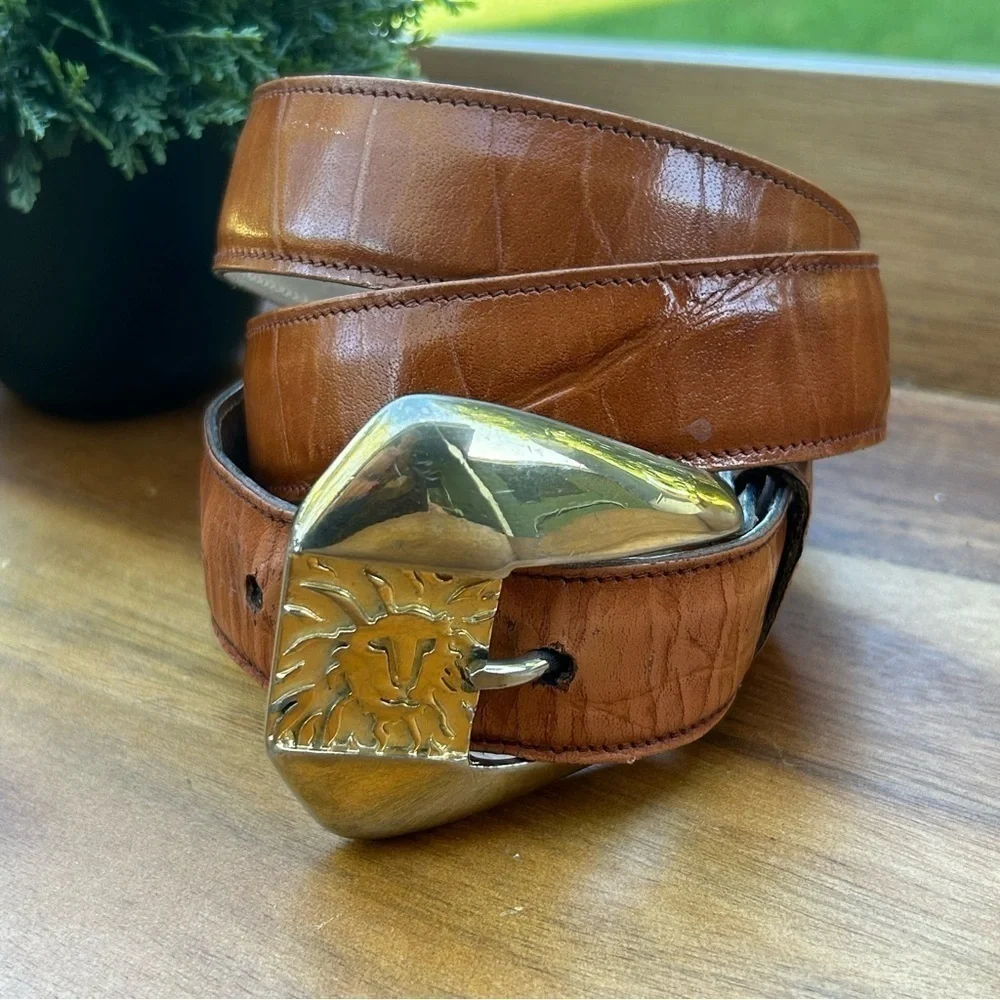 Anne Klein Vintage Logo Lions Head Gold Buckle Genuine Leather Belt | Size Large